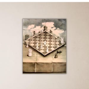 May include: A watercolour painting depicting a chessboard with white chess pieces on a brown table. The chessboard is tilted at an angle, and the pieces are arranged in a strategic formation. The background is a light blue sky with white clouds.