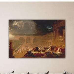 May include: A large rectangular canvas print of an antique painting. The artwork depicts a dramatic scene with figures gathered in a grand, arched hall, illuminated by a celestial light. The color palette is dominated by warm, earthy tones.