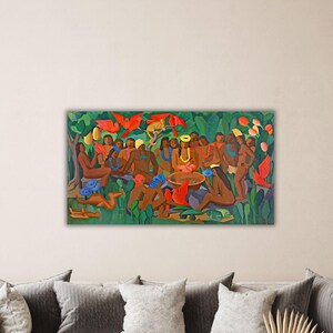 May include: A vibrant painting depicting a group of people in a lush, green environment. The artwork features figures with brown skin, adorned with colorful accessories, and surrounded by red birds and flowers. The style is reminiscent of a tribal theme.