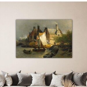 May include: An oil painting depicting a waterside scene with buildings, boats, and figures. A sailboat with a white sail is in the center, and a small boat is in the foreground. The buildings have red-tiled roofs, and the sky is overcast.