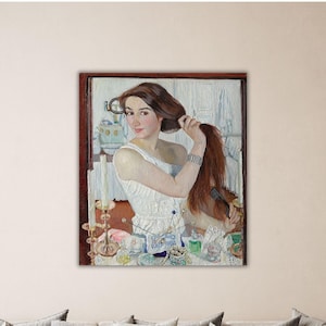 May include: A painting of a woman with long brown hair brushing her hair in front of a mirror. She is wearing a white dress and is surrounded by various objects on a table.