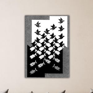 May include: Black and white optical illusion artwork featuring a flock of birds flying upwards that transforms into a school of fish swimming downwards.