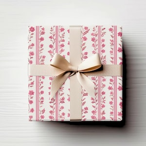 Pink Country Floral Wrapping Paper, Romantic Vintage Stripe Gift Wrap for Weddings, Baby Showers, Birthdays & Mother&#39;s Day