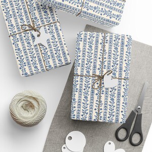 French Country Floral Wrapping Paper Blue and White Cottagecore Style Modern Farmhouse Gift Wrap Available in 3 Sizes Matte or Glossy Finish