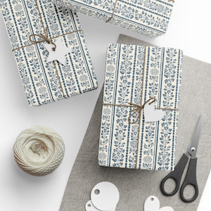Vintage Inspired French Country Floral Wrapping Paper Blue and White Cottagecore Style Gift Wrap Available in 3 Sizes Matte or Glossy Finish