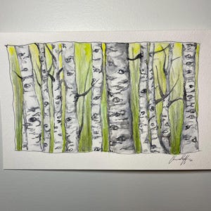 Whimsical Birch Forest Landscape Watercolor Painting