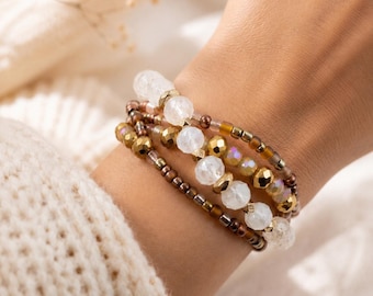 Gold Neutral Beaded Bracelet Stack, Handmade Stretch Bracelet Set, Crystal Bead Bracelet, Boho Bracelet Stack, Gift for Her