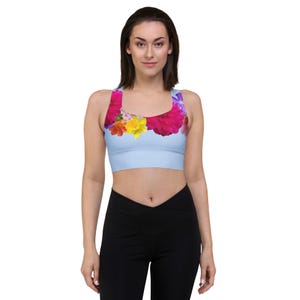 Premium longline Sports Bra, soft blue with bright florals, XS-3XL, matching leggings and accessories. Recycled fabric