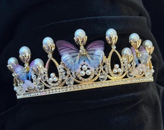 Butterfly Pearl Tiara: Gold Princess Crown, Fairycore Bridal Tiara
