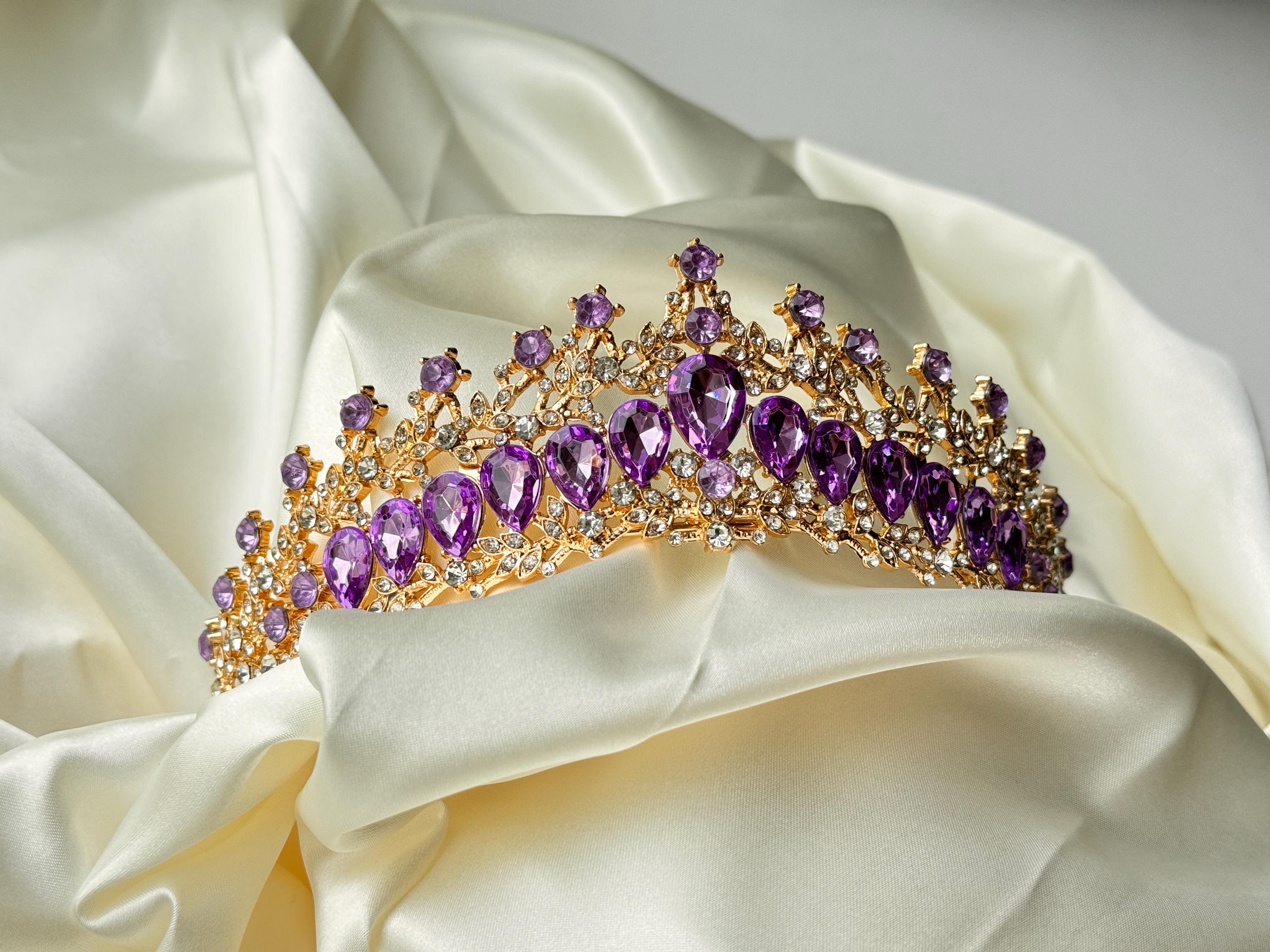 Purple Crystal Tiara: Gold Rhinestone Birthday Queen Crown  display picture 2