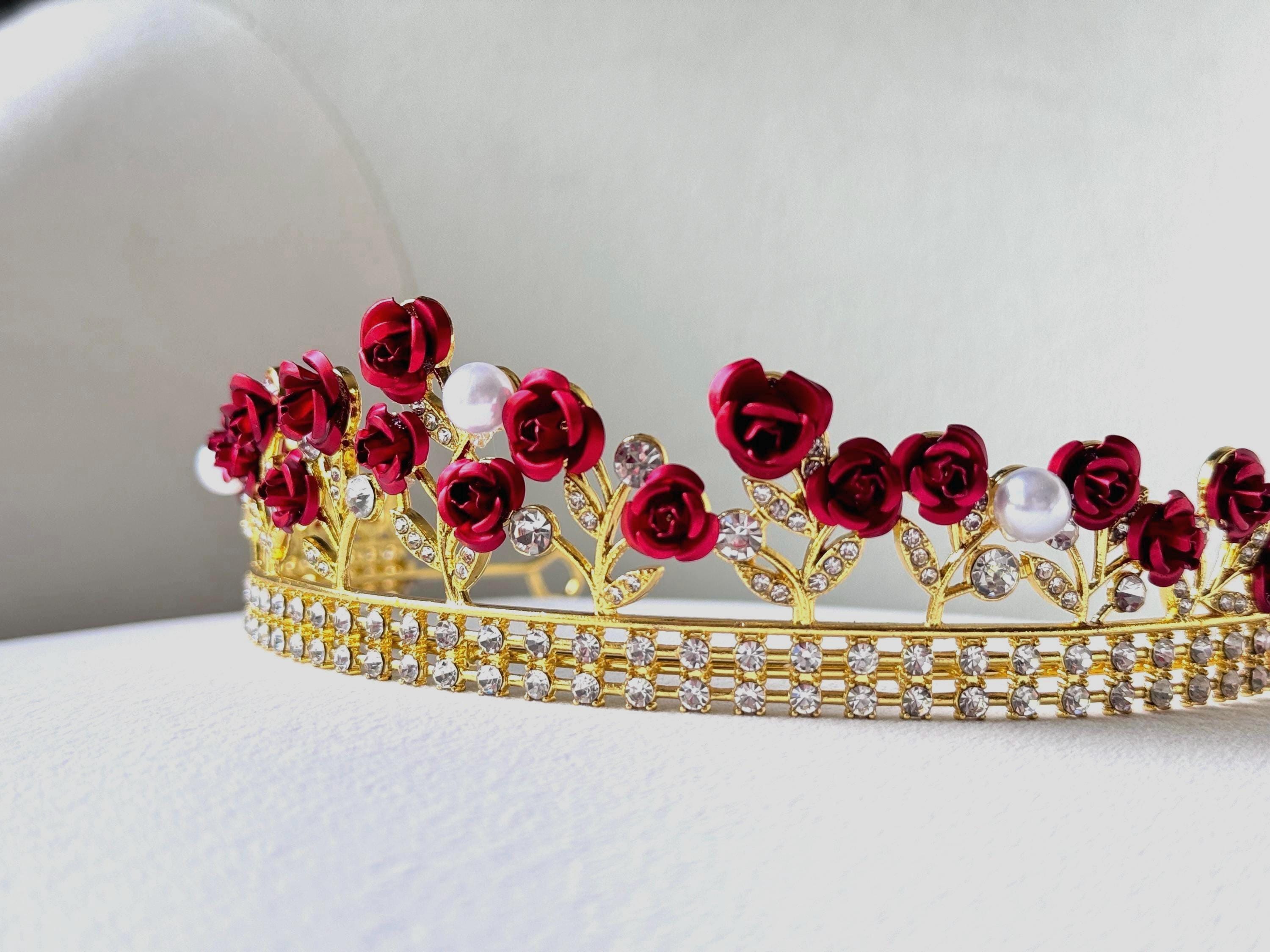 Red Rose Crown – Gold Floral Tiara With Pearls – Quinceañera 
