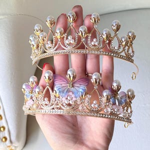Butterfly Crown — Pearl Tiara – Gold Bridal Crowns for Wedding or Quinceañera – Fairycore Headpiece – Buy One or Both Crowns
