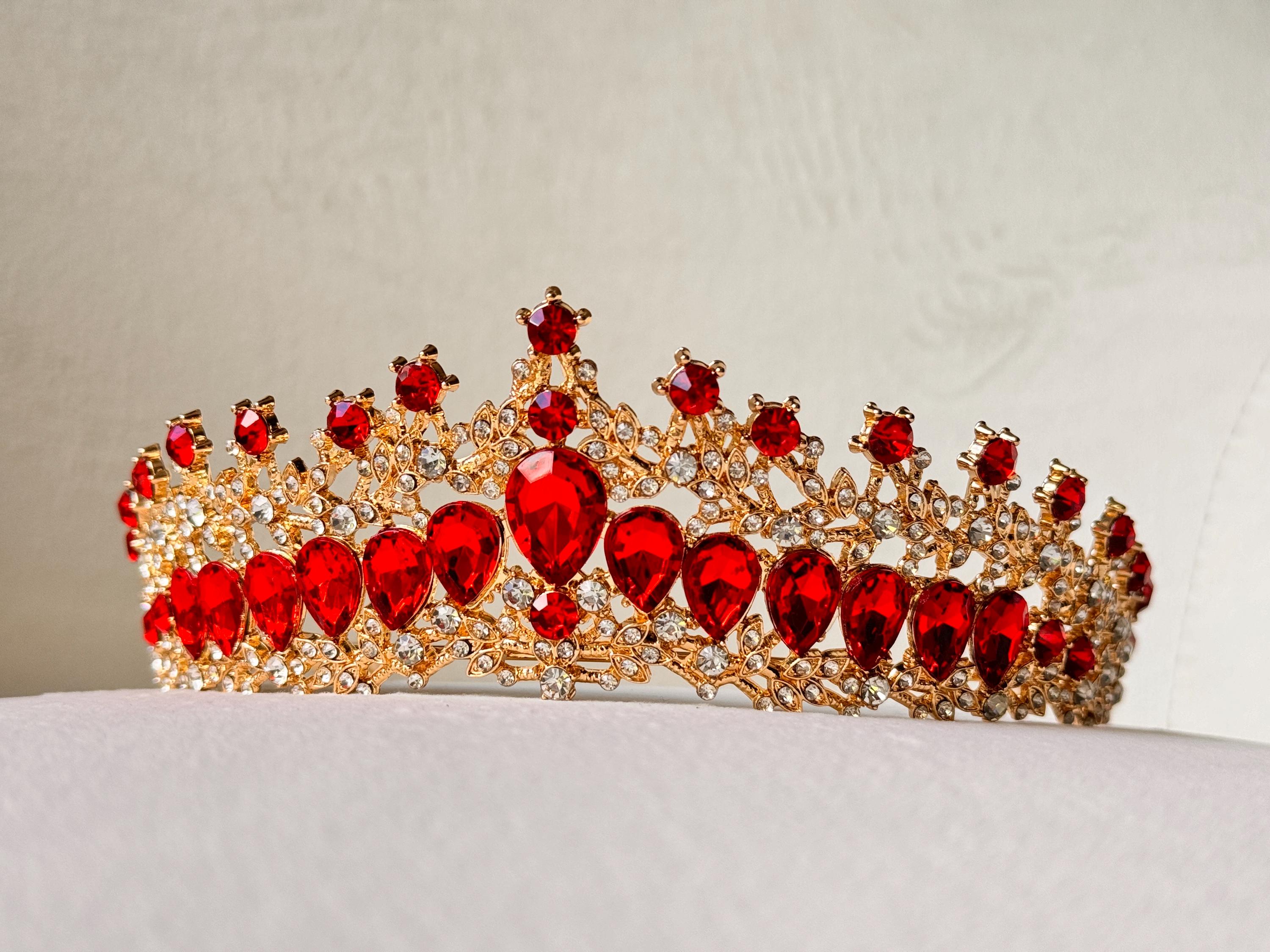 Red Crystal Tiara: Gold Prom Queen Crown With Ruby Teardrop 