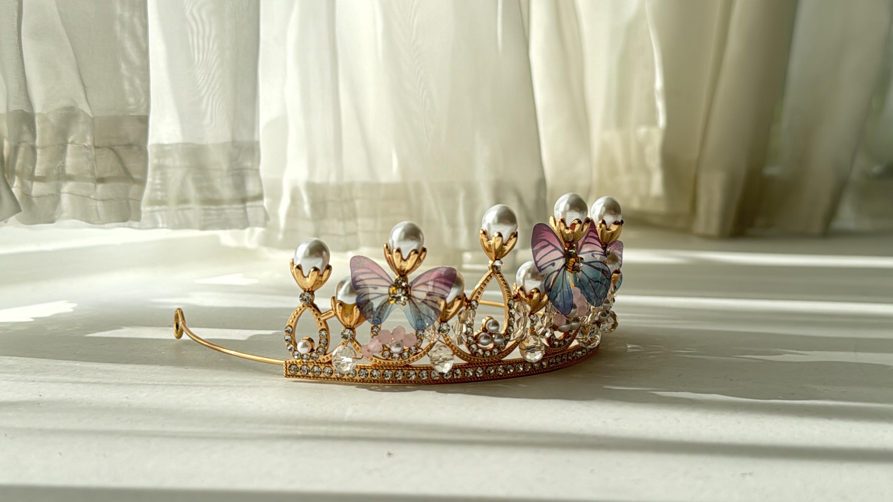 Gold Butterfly Flower Crown Tiara Pearl Crystal Fairycore Bridal Headpiece How I made Paris Hilton main image 4