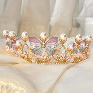 Butterfly Pearl Princess Tiara – Gold Crown with Pink & Purple Butterflies – Bridal Crown – Birthday Crown for Girls – Fairycore Prom Tiara