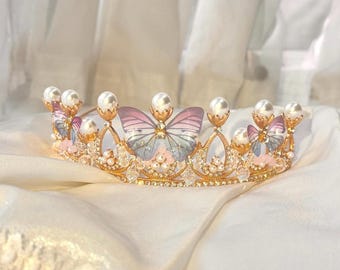 Butterfly Pearl Tiara: Gold Princess Crown, Fairycore Bridal  display picture 1