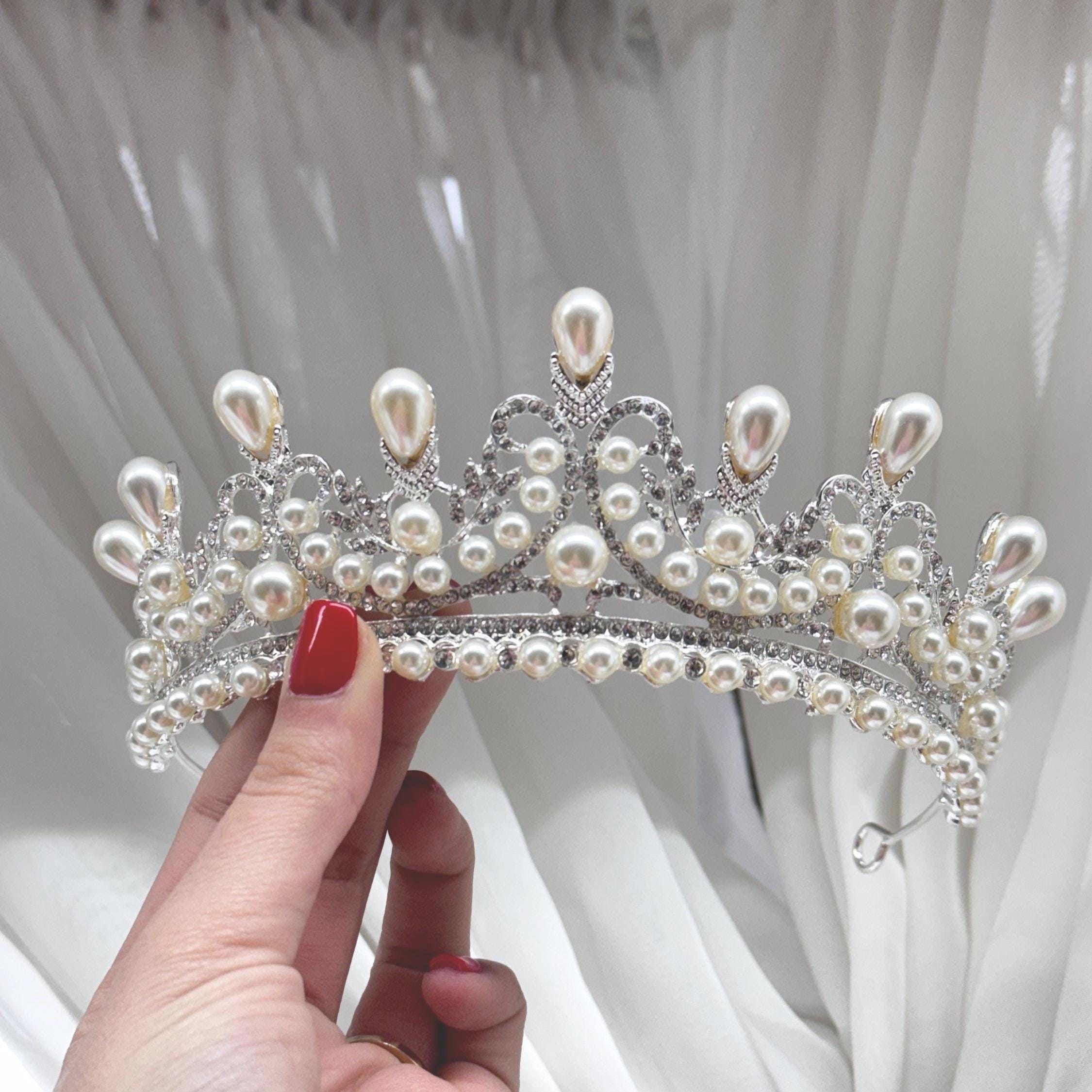 Pearl & Crystal Silver Bridal Tiara - Elegant Wedding Headpiece Amazon.com: SWEETV Crystal Bridal Headpiece Silver Wedding  main image 3