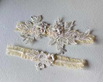 Floral Lace Bridal Garter Set: Ivory Keepsake & Toss Garter, Rhinestone Detail