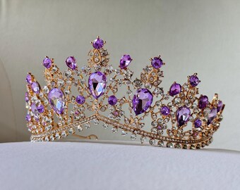 RGHSZ Gold Diadem & Schleier-Set Lila – Strass-Krone Für Braut, Prinzessin, Hochzeit, Geburtstag & Partys