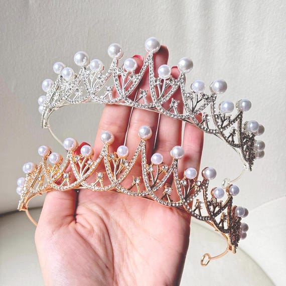 Elegant Gold and Silver Tiara with Pearls 6cm Tall Gold Pearl Crystal Wedding Queen Princess Prom  main image 3