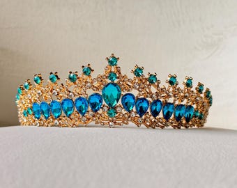 Aqua Teardrop Crystal Tiara: Gold Mermaidcore Crown
