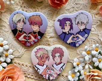 Blue Lock Herzförmige Schiff Buttons Weißblech Anstecker (nagireo, ryusae, kainess)
