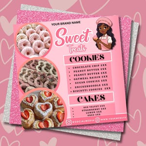 Rosa bageri-flyermall | Redigerbar bagarmeny | Sötsaker, kakor och tårtor-flyer