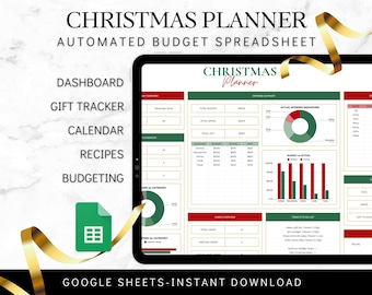 May include: A digital Christmas planner spreadsheet template for Google Sheets. The template includes sections for budgeting, gift tracking, a calendar, recipes, and a dashboard. The image shows a screenshot of the spreadsheet with a green and red color scheme.