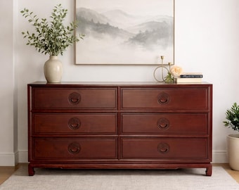 Vintage Solid Rosewood Dresser – Chinese Longevity Motif | 6-Drawer Asian Chest