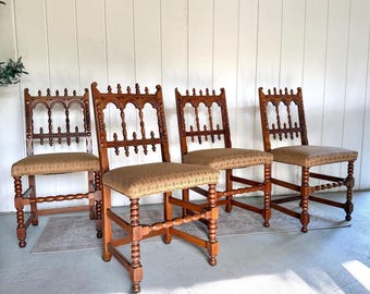 Set of 4 Vintage French Henry II Style Dining Chairs, Spindle Back, Upholstered Seats