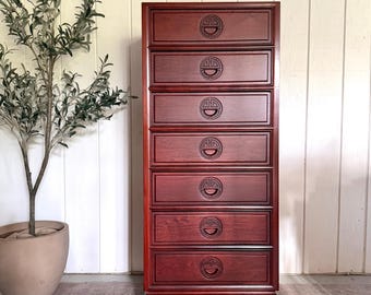 Chinese Rosewood Longevity Chest – 7 Drawer Tall Cabinet (24”W x 20”D x 56”H)