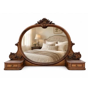 May include: A large oval wooden vanity mirror featuring an ornate carved crest at the top and decorative scrollwork on the sides. The mirror is flanked by two small rectangular wooden drawers on each side, each with a single round metal knob.