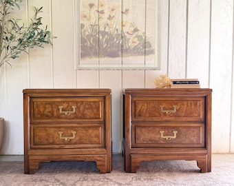 Vintage American of Martinsville Burl Wood Nightstands – Pair of 2-Drawer Side Tables – Mid Century Traditional – Original Finish