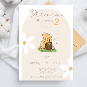 Invitación de cumpleaños de Winnie the Pooh Invitación clásica de cumpleaños de Winnie the Pooh Invitación de niña con temática de cumpleaños de Pooh Tarjeta editable de Winnie the Pooh