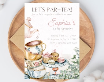 Editable Tea Party Birthday Invitation Par-tea Invitation Girl Birthday Tea Party High Tea Themed Party Digital Birthday Invitation