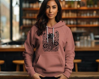 Blumenkatzen-Silhouette Hoodie, Natur inspirierter Katzenliebhaber-Grafik-Hoodie, künstlerisches Katzen-Design-Shirt, niedliches Geschenk für Katzenliebhaber