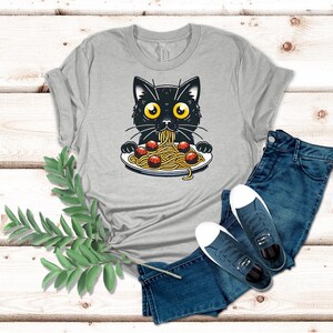 Camiseta con gato negro comiendo espaguetis, divertida camiseta con dibujo de gato, camiseta con pasta y albóndigas, bonito regalo para amantes de los gatos