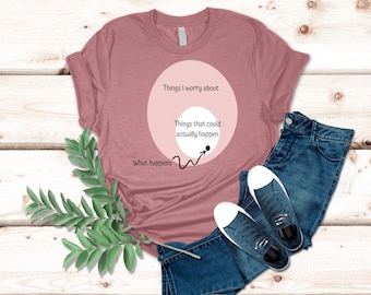 T-shirt grappige angstmeme, 'Things I Worry About', minimalistisch design, humor-T-shirt voor bewustzijn van geestelijke gezondheid