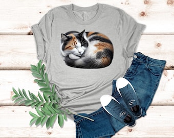 Sleeping Calico Cat T-Shirt, Realistic Cat Lover Apparel, Tee for Animal Lovers