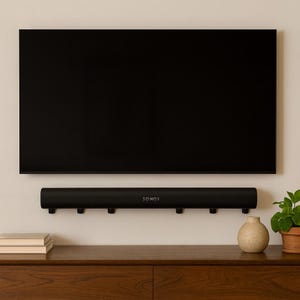 Op de afbeelding: Een zwarte flatscreen-tv aan de muur boven een donkere soundbar. Op de soundbar staat de merknaam "SONOS" afgedrukt. Een houten kast met boeken, een vaas en een plant in een pot staan eronder.