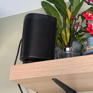 May include: A black Sonos speaker sits on a wooden shelf with a black metal bracket. The speaker has a black grille and the word "SONOS" printed on the top. There are plants and decorative items on the shelf behind the speaker.