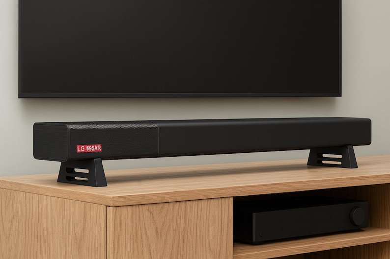 Pu&ograve; includere: Una soundbar nera con la scritta "LG 806AR" su un'etichetta rossa, appoggiata su due supporti neri. La soundbar &egrave; posizionata davanti a un televisore nero e si trova su un mobile in legno.