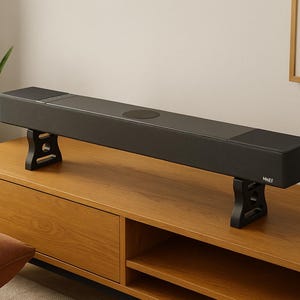 以下が含まれることがあります： 丸みを帯びたトップの黒いサウンドバーは、木製のキャビネットに置かれた2つの黒いスタンドに取り付けられています。 サウンドバーには円形のスピーカーがあり、「HIFI」というブランド名が見えます。 鉢植えのサンスベリアと額入りのアートワークが背景にあります。