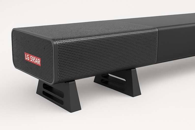 Pu&ograve; includere: Una soundbar nera con un pannello frontale perforato e un'etichetta rossa con la scritta "LG 595AR". La soundbar &egrave; supportata da due supporti neri.