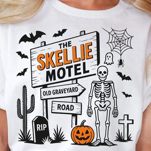 Skellie Motel Funny Halloween PNG, Funny Skeleton Halloween Fall Png, Halloween Humor PNG, Vintage Design Png, Trendy Halloween Shirt Png