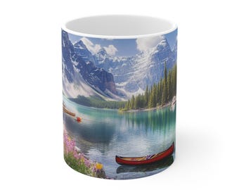 Mountain Lake Canoe Mug, Scenic Coffee Cup 11oz