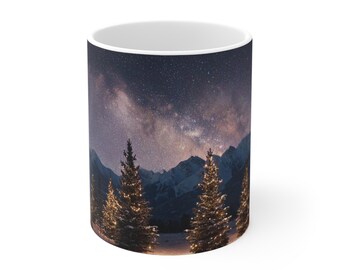 Starry Night Mountain Landscape Mug | Winter Pine Trees, Milky Way Sky