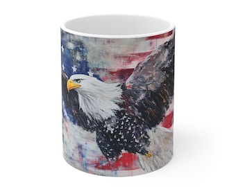 Bald Eagle with American Flag Mug | Patriotic USA Coffee Cup