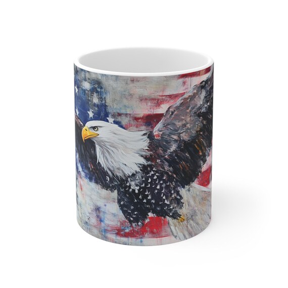 Bald Eagle with American Flag Mug | Patriotic USA Coffee Cup