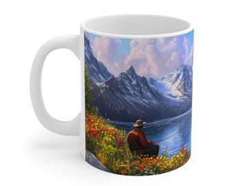 Fisherman by Mountain Lake Mug | Scenic Alpine Landscape, Wildflowers, Peaceful Fishing